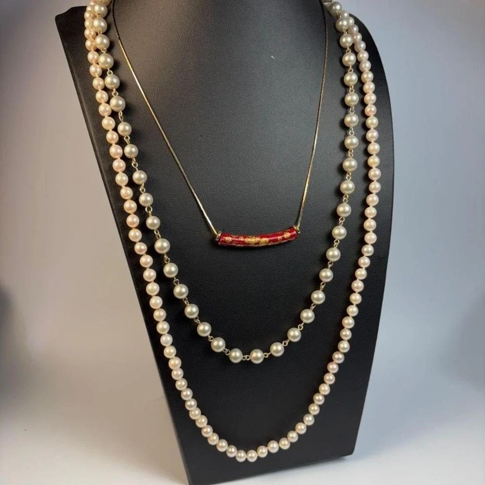 Glam Necklace Lot Vintage Enamel‎ Pearl Gold Tone Metal